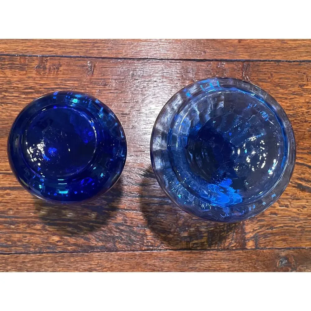 Vintage Cobalt Blue Small Glass Vases Ribbed Swirl Pattern, set of 2